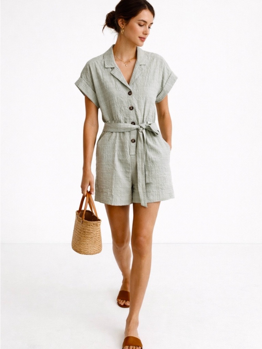 Madewell Seersucker Camp Romper Ashen Sage Belted Button Front Sz  XS💛